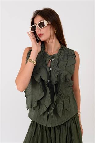 14092 Düz Desen Fırfırlı Düğmeli Kolsuz Keten Bluz