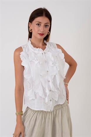 14092 Düz Desen Fırfırlı Düğmeli Kolsuz Keten Bluz
