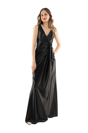 1415 Önü Geçmeli Parlak Saten Uzun Abiye Elbise