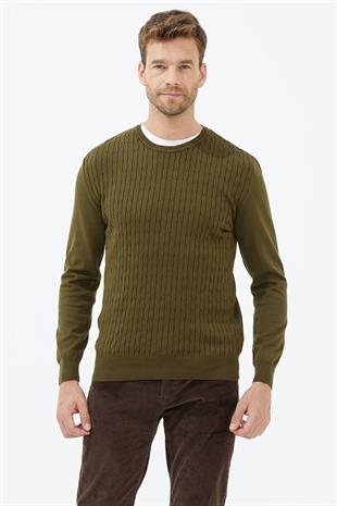 14265 Süet Garnili Saç Örgülü Erkek Triko Kazak