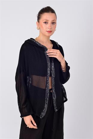 14316 Düz Desen Pullu Kapüşonlu Fileli Keten Ceket