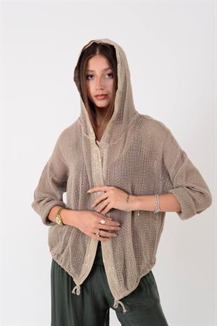 14316 Düz Desen Pullu Kapüşonlu Fileli Keten Ceket