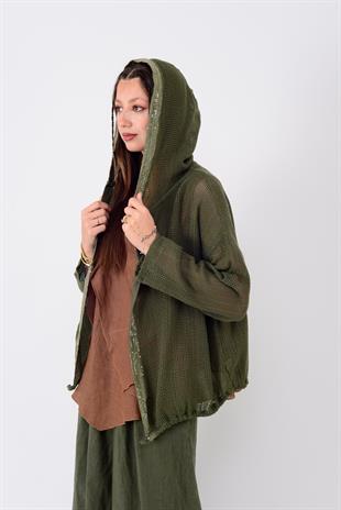 14316 Düz Desen Pullu Kapüşonlu Fileli Keten Ceket