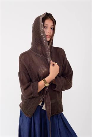 14316 Düz Desen Pullu Kapüşonlu Fileli Keten Ceket