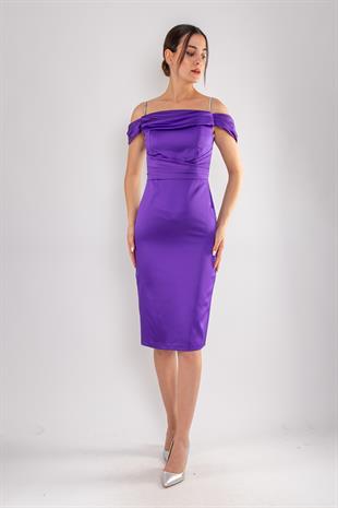 1439 Şalyaka Beli Drapeli İpAskı Kısa Saten Elbise