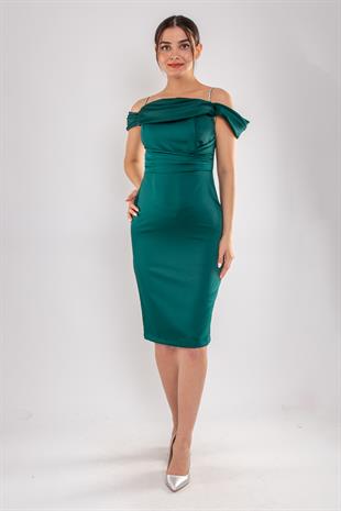 1439 Şalyaka Beli Drapeli İpAskı Kısa Saten Elbise