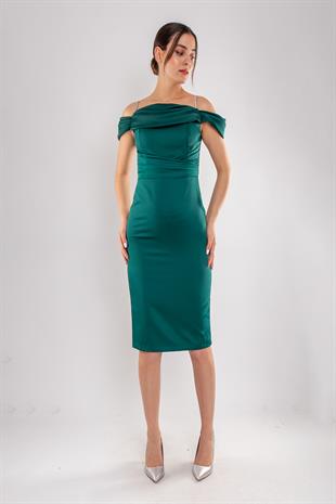 1439 Şalyaka Beli Drapeli İpAskı Kısa Saten Elbise