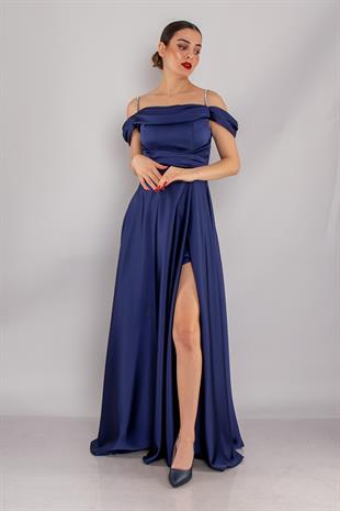 1440 Şalyaka Beli Drape İpAskı Uzun Saten Elbise