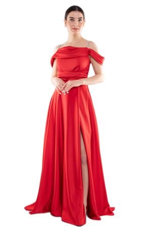 1440 Şalyaka Beli Drape İpAskı Uzun Saten Elbise