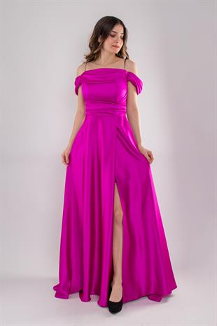 1440 Şalyaka Beli Drape İpAskı Uzun Saten Elbise