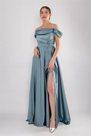 1440 Şalyaka Beli Drape İpAskı Uzun Saten Elbise