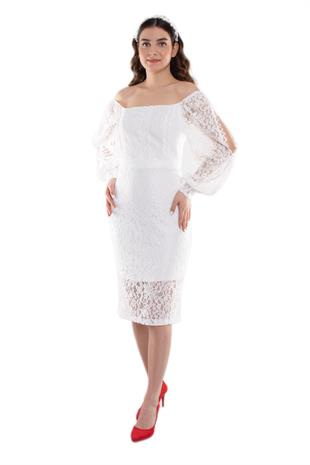 1442 Kare Yaka Kol Yırtmaçlı Dantel Kısa Nikahlık Elbise