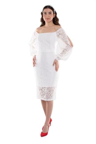 1442 Kare Yaka Kol Yırtmaçlı Dantel Kısa Nikahlık Elbise