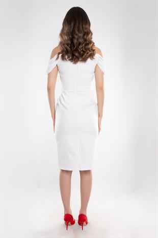 1446 İncili Gögsü Şalyaka Kısa Krep Nikahlık Elbise