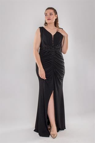 145 Büyük Beden Beli Taşlı Eteği Drape Sim Kalın Askı Uzun Elbise