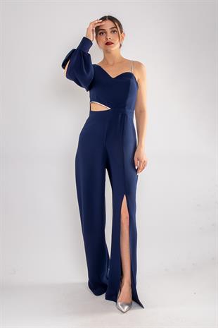 1453 Tek Kollu Beli Pencereli Taşlı Krep Abiye Tulum