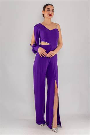 1453 Tek Kollu Beli Pencereli Taşlı Krep Abiye Tulum