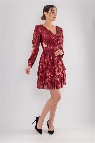 1478 Pulpayet Sırt İpli Eteği Kat Kat Uzun Kol Kısa Elbise