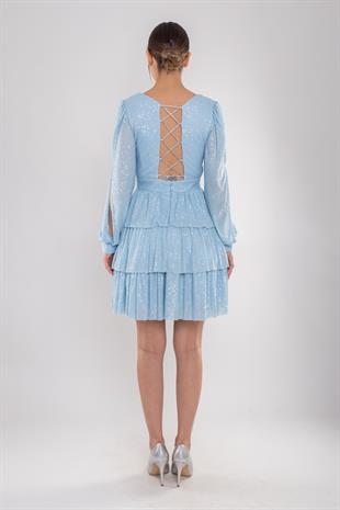 1478 Pulpayet Sırt İpli Eteği Kat Kat Uzun Kol Kısa Elbise