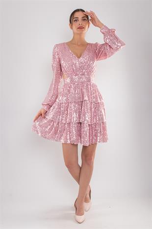 1478 Pulpayet Sırt İpli Eteği Kat Kat Uzun Kol Kısa Elbise