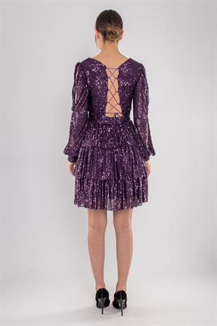 1478 Pulpayet Sırt İpli Eteği Kat Kat Uzun Kol Kısa Elbise