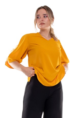 1490 Büyük Beden Organze Tül Kol Vyaka Viscon Bluz