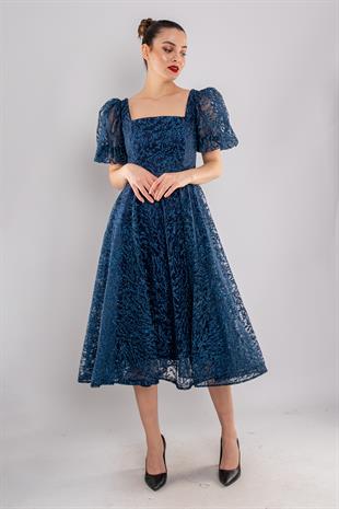 1491 Balon Kol Simli Kare Yaka Kloş Etek Kısa Abiye Elbise