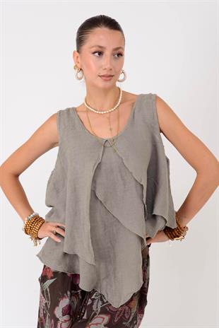14930 Asimetrik Kesim Keten Kolsuz Bluz