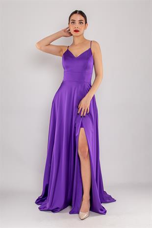 1495 Sırtı Bağlama İp Askı Saten Yırtmaçlı Önü Kapaklı Uzun Elbise