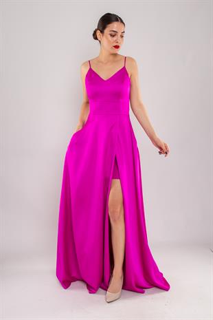 1495 Sırtı Bağlama İp Askı Saten Yırtmaçlı Önü Kapaklı Uzun Elbise