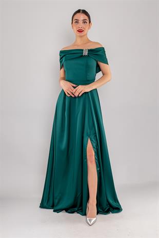 1504 Straplez Yaka Taşlı Fiyonk Detay Yırtmaçlı Uzun Saten Elbise