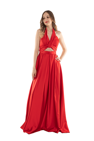 1506 Bosna Saten Beli Pencere Boyundan Geçmeli Uzun Elbise