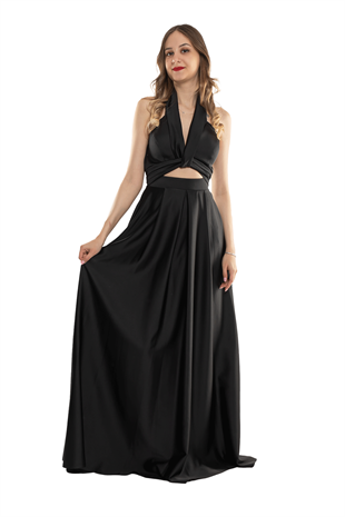 1506 Bosna Saten Beli Pencere Boyundan Geçmeli Uzun Elbise