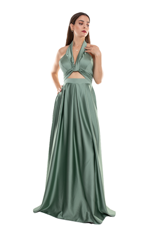 1506 Bosna Saten Beli Pencere Boyundan Geçmeli Uzun Elbise