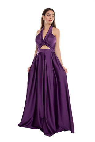 1506 Bosna Saten Beli Pencere Boyundan Geçmeli Uzun Elbise