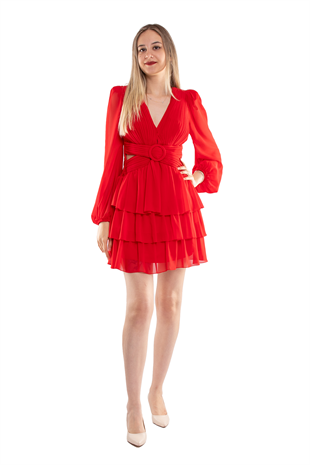 1524 Tül Kol Beli Çapraz Tokalı Kısa Şifon Elbise