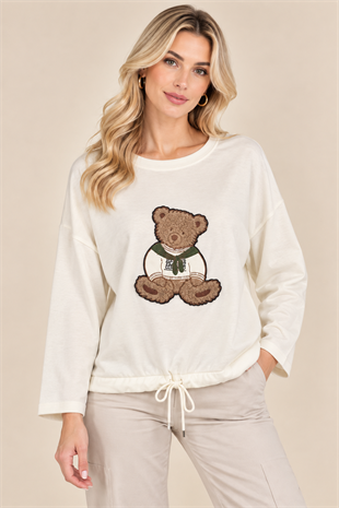 15434 Ayıcık Desen Bisiklet Yaka Eteği Bağcıklı Sweatshirt