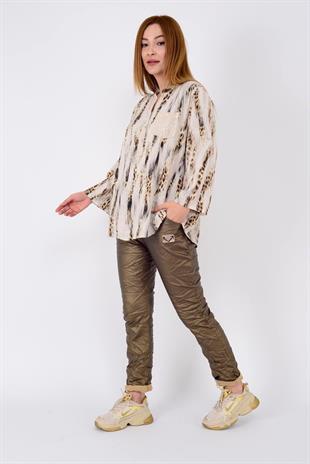 15451-7 Çizgi Leopar Desen Pul Detaylı 3 Düğmeli Gömlek