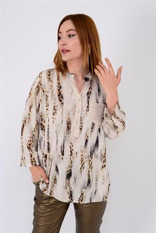 15451-7 Çizgi Leopar Desen Pul Detaylı 3 Düğmeli Gömlek