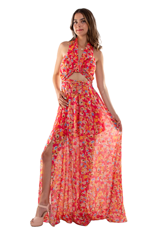 1551 Empirme Büstiyer Detay Çiçek Desen Şifon Uzun Elbise