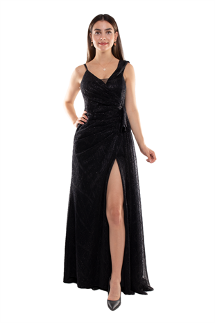 1563 Beli Drape Valonlu Simli Tül Yırtmaçlı Uzun Elbise