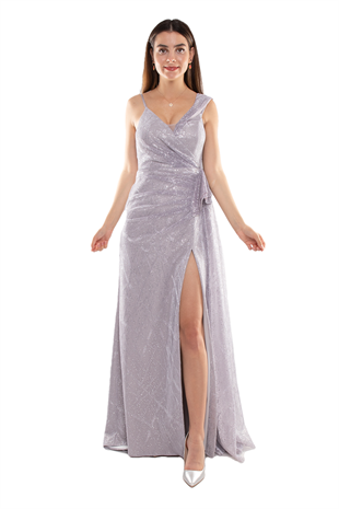 1563 Beli Drape Valonlu Simli Tül Yırtmaçlı Uzun Elbise