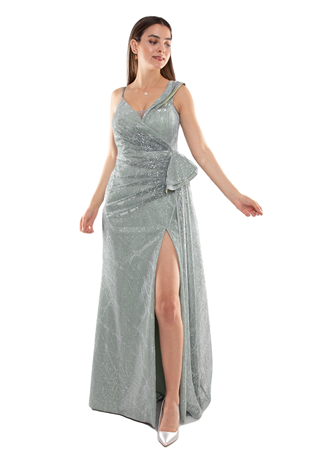 1563 Beli Drape Valonlu Simli Tül Yırtmaçlı Uzun Elbise