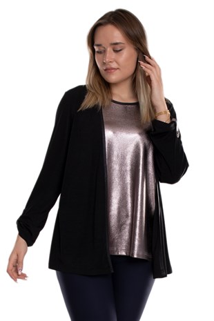 1569 Büyük Beden Hırka Kombinli Parlak Bluz