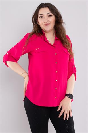 1608 Büyük Beden Cep Kapaklı Truvakar Kol Şifon Düğmeli Gömlek