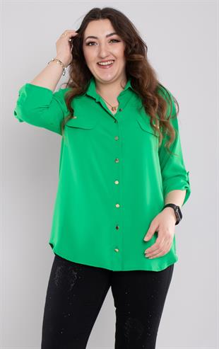 1608 Büyük Beden Cep Kapaklı Truvakar Kol Şifon Düğmeli Gömlek