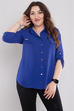 1608 Büyük Beden Cep Kapaklı Truvakar Kol Şifon Düğmeli Gömlek