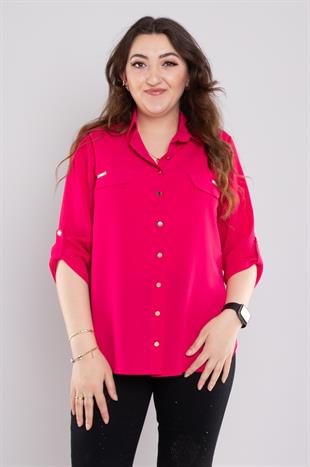 1608 Büyük Beden Cep Kapaklı Truvakar Kol Şifon Düğmeli Gömlek