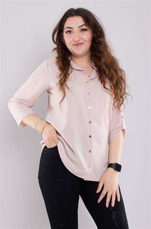 1608 Büyük Beden Cep Kapaklı Truvakar Kol Şifon Düğmeli Gömlek