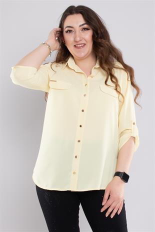 1608 Büyük Beden Cep Kapaklı Truvakar Kol Şifon Düğmeli Gömlek